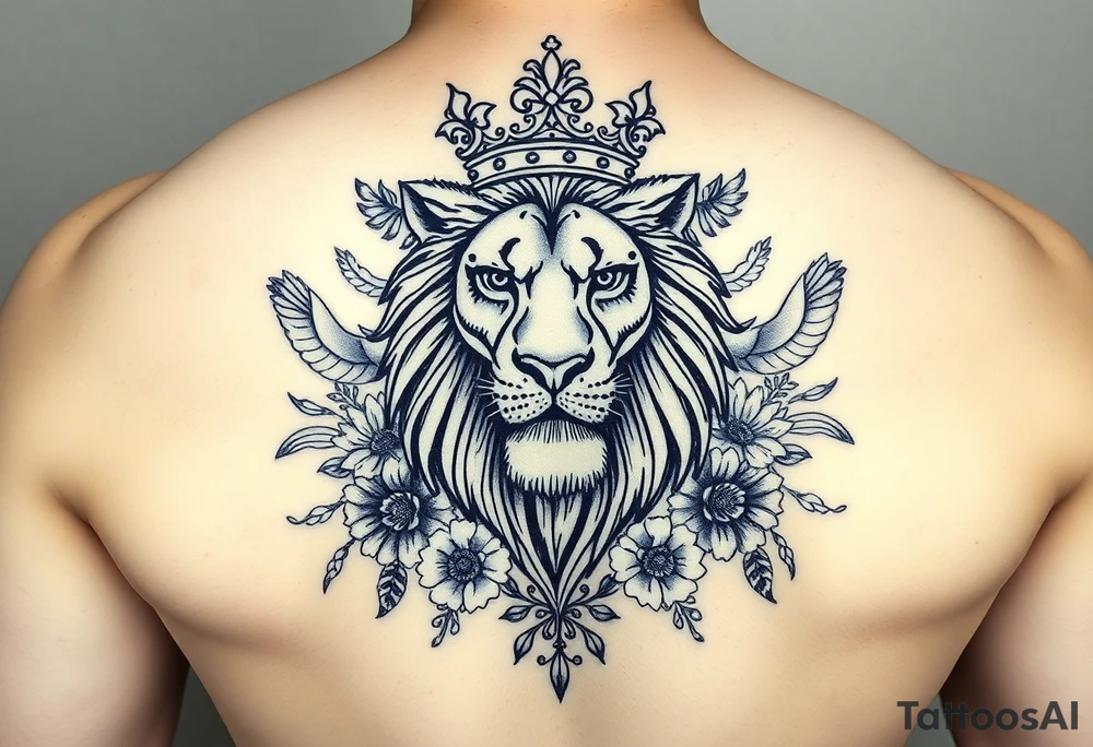 powerful majestic lion with a crown, surrounded by floral ornaments and birds tattoo idea