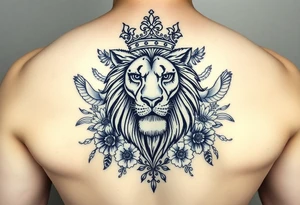 powerful majestic lion with a crown, surrounded by floral ornaments and birds tattoo idea