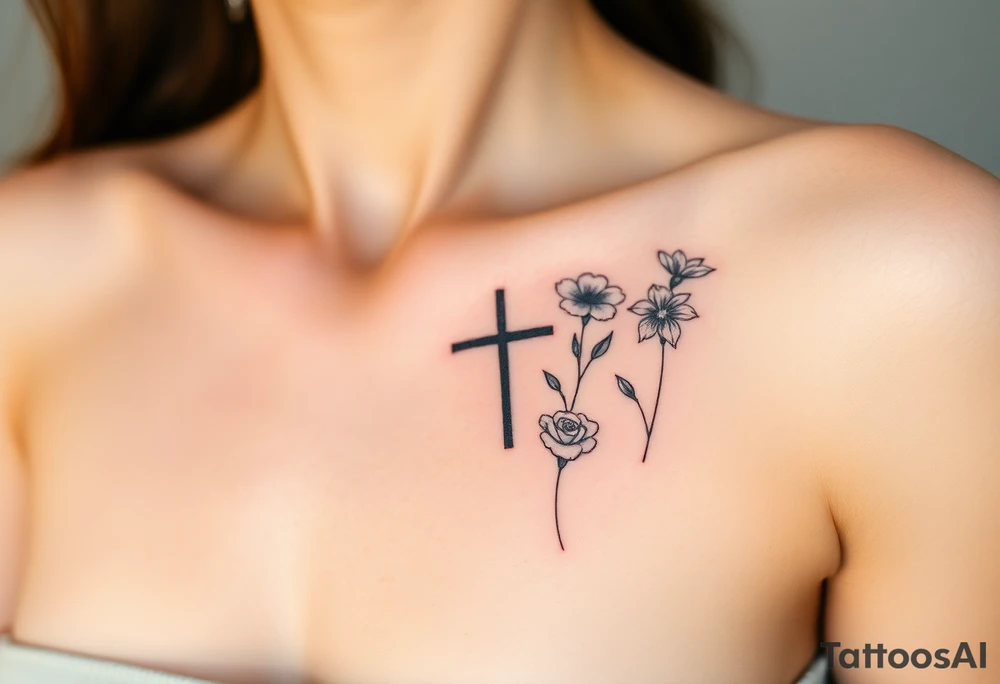 tattoo with one side representing death and the other life. (from death to life) with a simple cross down the middle. The life side I's like the following flowers: Morning Glory, Lily of the Valley, Daffodil, Rose, Poppy, and Iris tattoo idea