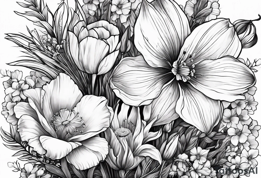 Single flower bouquet with Violet, Daffodil, Gladiolus, Poppy, Cosmos tattoo idea