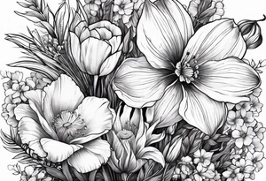 Single flower bouquet with Violet, Daffodil, Gladiolus, Poppy, Cosmos tattoo idea