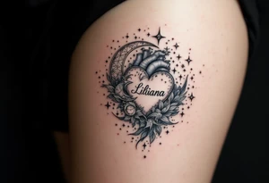 A heart surrounded by celestial bodies, with stars, a crescent moon, and the name "Liliana" written in an elegant, silver font, surrounded by soft shades of midnight blue. tattoo idea