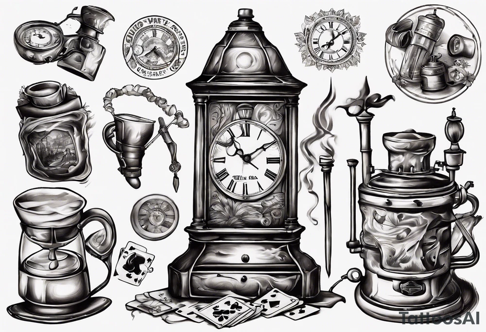 mounting landscape.
In a middle an antique clock at 9:44pm. across the tattoo a cinema film. game of poker 4 cards. a old walking stick and 
Italian coffee maker. tattoo idea