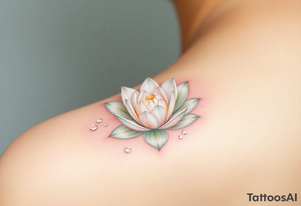 A delicate white water lily surrounded by sparkling droplets of water, symbolizing clarity and purity, with subtle pastel green and pink accents tattoo idea