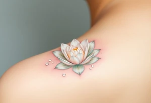 A delicate white water lily surrounded by sparkling droplets of water, symbolizing clarity and purity, with subtle pastel green and pink accents tattoo idea