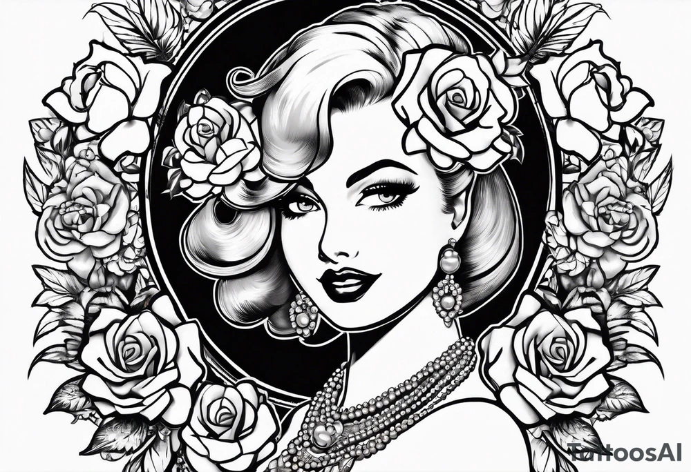 1950s pinup pumps with flowers, pearl necklaces, bows, and lace tattoo idea