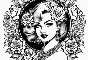 1950s pinup pumps with flowers, pearl necklaces, bows, and lace tattoo idea