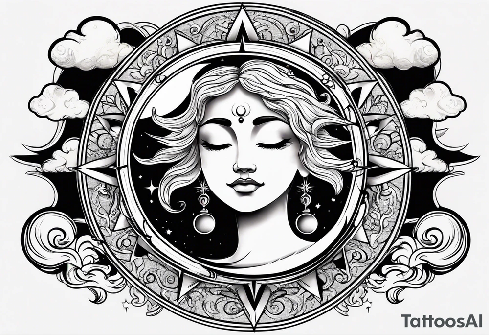 Sun and moon seen behind clouds tattoo idea