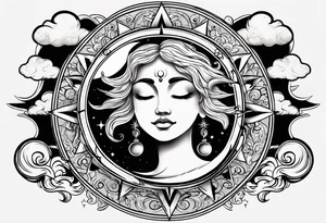Sun and moon seen behind clouds tattoo idea