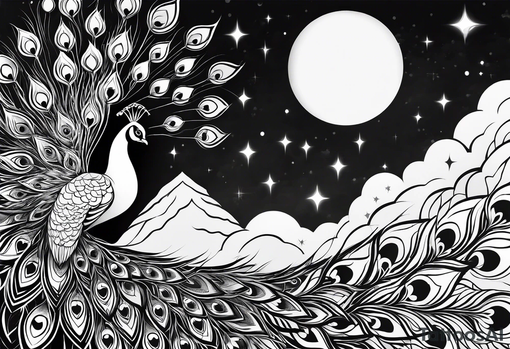 Peacock, moon, Orion, infinity tattoo idea