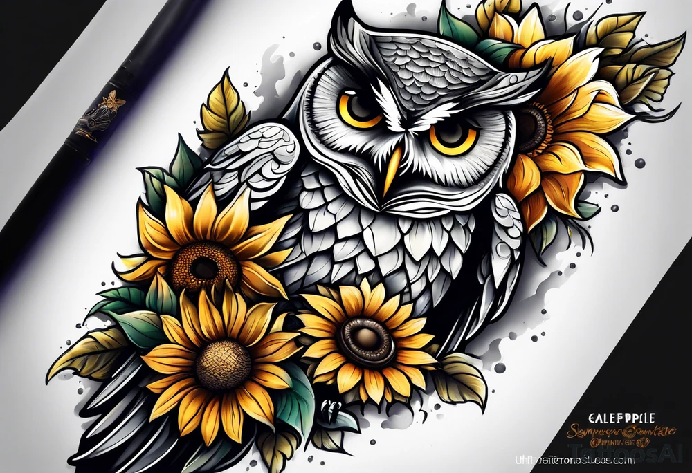 Sleeve with an owl, sunflower and butterfly tattoo idea