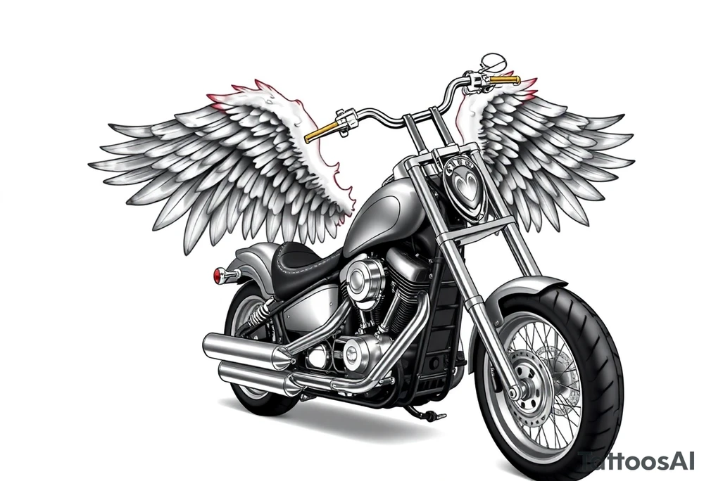 Low rider grey motorcycle, big muffler pipes with flames, angel wings tattoo idea