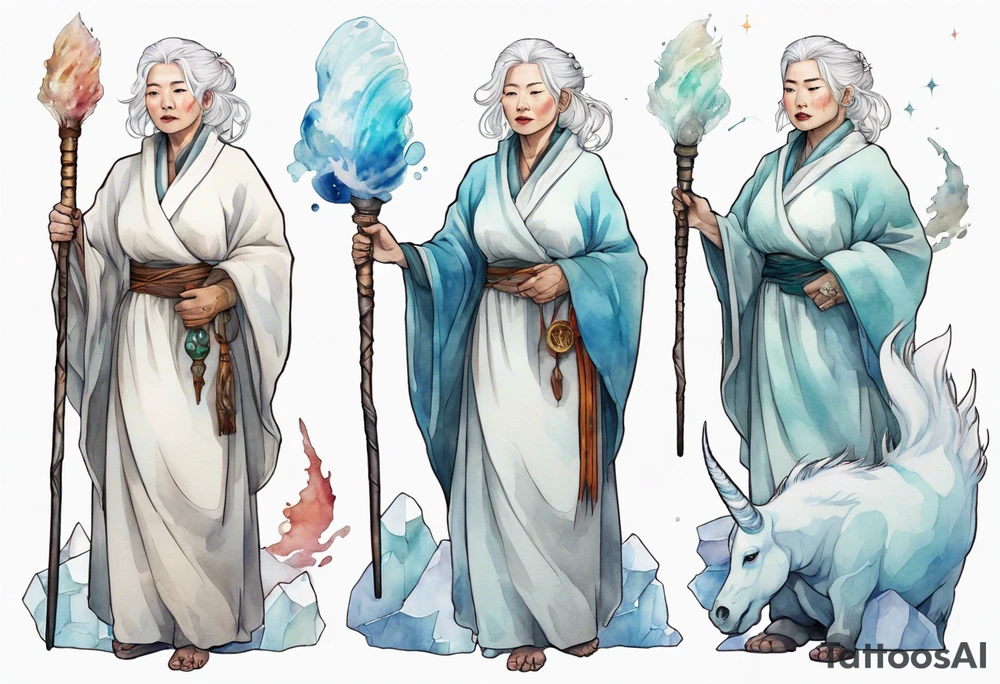 a 40 year old Inuit woman with white hair and a white robe holding a wand made from a unicorn horn, standing on an iceberg tattoo idea