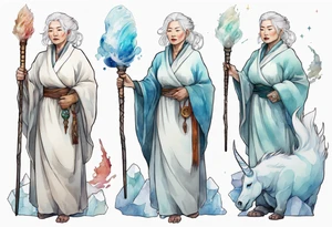 a 40 year old Inuit woman with white hair and a white robe holding a wand made from a unicorn horn, standing on an iceberg tattoo idea