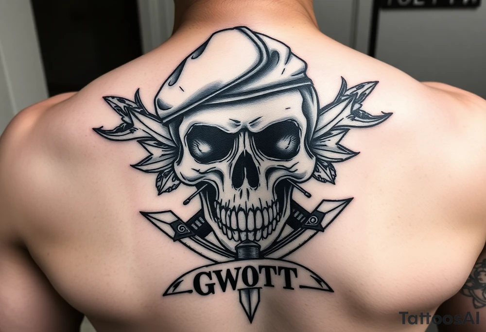 Create me military tattoo with skull, sword, beret in skull and word that say GWOT kid tattoo idea