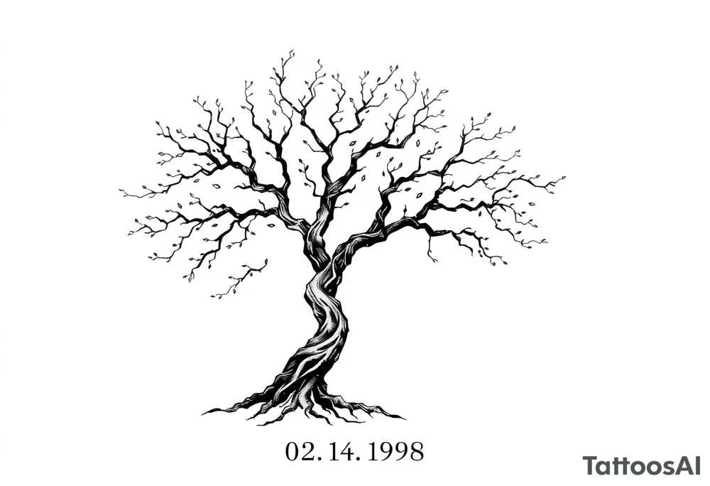 simple windy tree tattoo linework stencil with date 02.18.1998 tattoo idea