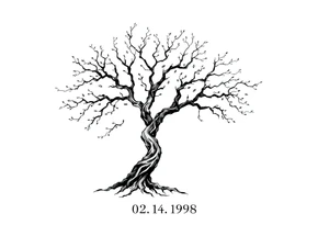 simple windy tree tattoo linework stencil with date 02.18.1998 tattoo idea