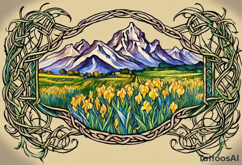 Create a small, thick, colorful Vincent van Gogh Irises tattoo, with vines in Celtic knots gracefully intertwining at a central point in the middle of the wreath. Inside the tattoo is mountains. The intended placement is on the upper chest. The overall design should be small in size while maintaining a delicate and artistic aesthetic. Pay attention to the graceful flow of the vines and the placement of the irises to achieve a refined and elegant look. tattoo idea