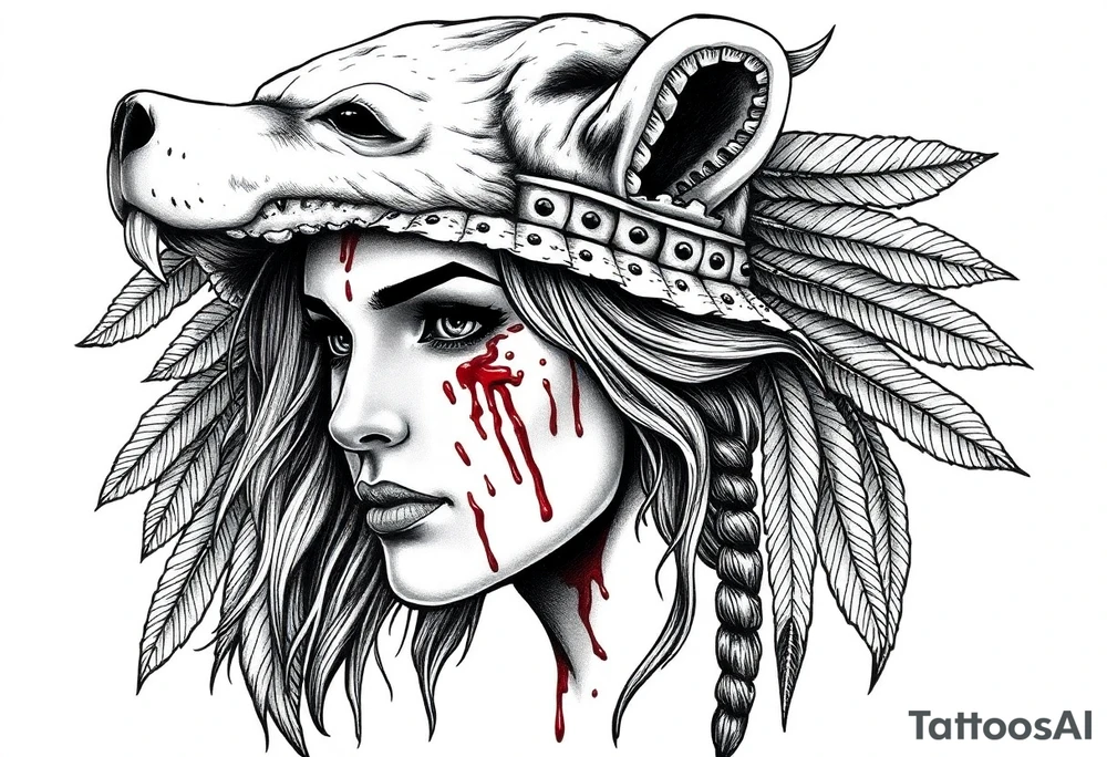 Beautiful Woman with battle scars and blood on face wearing dead bear headdress on head tattoo idea