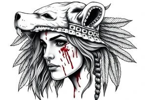 Beautiful Woman with battle scars and blood on face wearing dead bear headdress on head tattoo idea