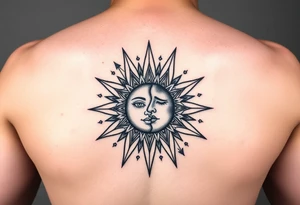celestial sun and moon embrace with constellation patterns tattoo idea