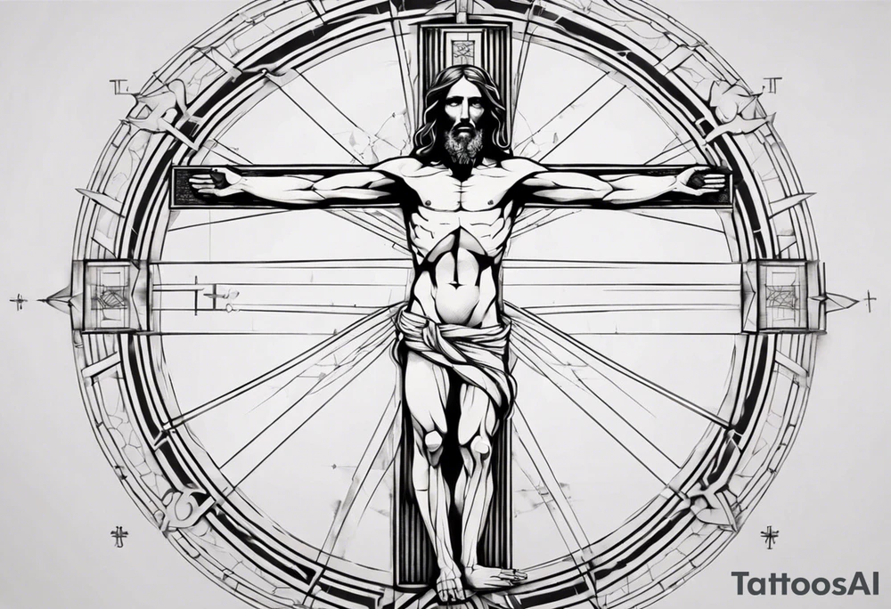 Geometric Vitruvian man combined with Jesus on the cross in front tattoo idea