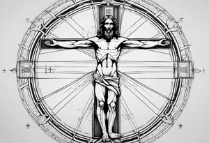 Geometric Vitruvian man combined with Jesus on the cross in front tattoo idea