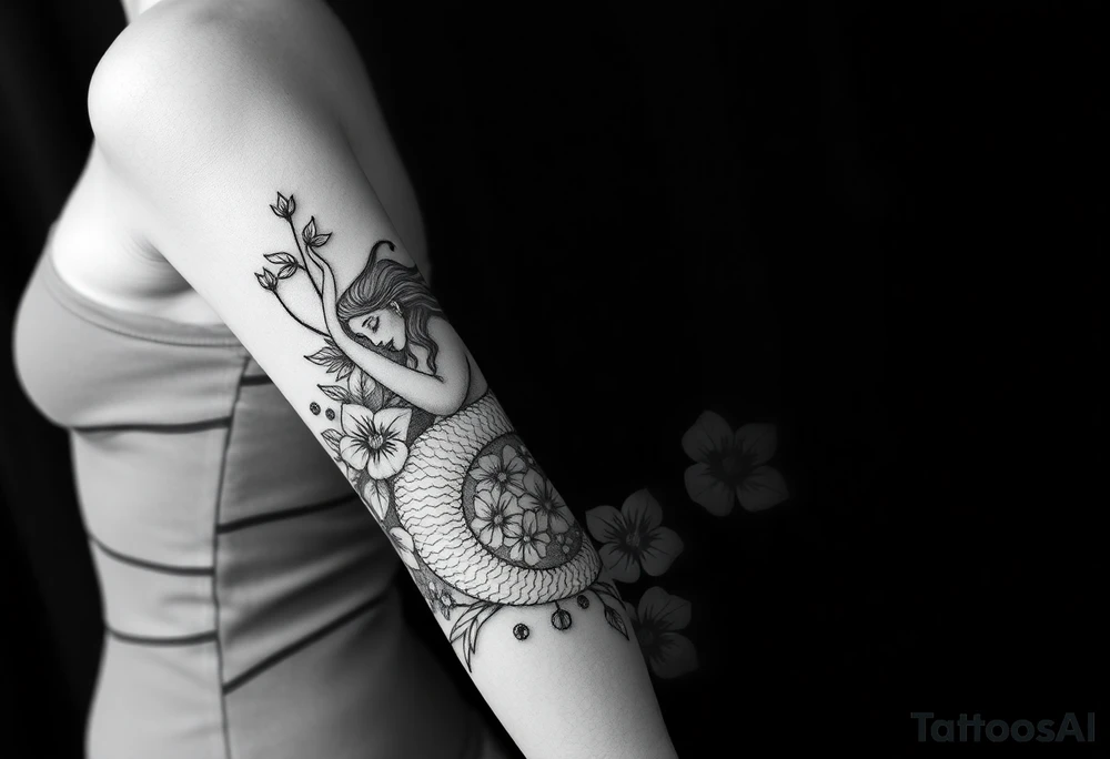 ethereal mermaid with flowing hair among coral and sea flowers tattoo idea