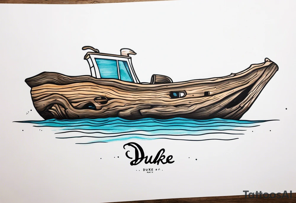 piece of driftwood underwater with duke written in the wood tattoo idea