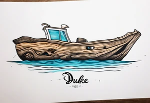 piece of driftwood underwater with duke written in the wood tattoo idea