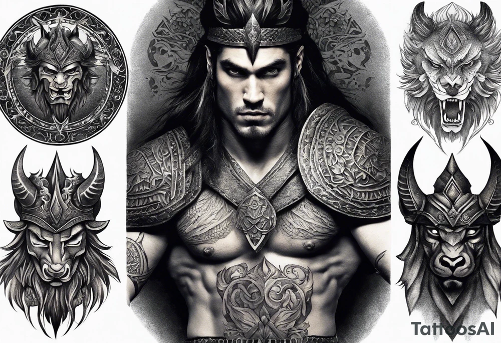 Central Figure: The Warrior: The focal point of the tattoo is a strong and determined male warrior, representing you or a figure you admire. He can be depicted in dynamic motion, wielding a weapon like a sword or a spear, ready to confront the demons.

Demons: Surrounding the warrior are menacing and grotesque demons, each with unique features and expressions. These demons can represent the challenges, struggles, or inner demons that you face in life. They might be depicted in various forms, such as monstrous creatures or shadowy figures, symbolizing different aspects of adversity.

Battle Scene: The tattoo can depict a chaotic battle scene, with the warrior engaged in combat against the demons. Dynamic poses and intense facial expressions can convey the intensity of the struggle. tattoo idea