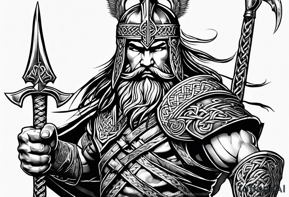 Side prfile full body of Celtic warrior walking into battle tattoo idea