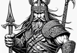 Side prfile full body of Celtic warrior walking into battle tattoo idea
