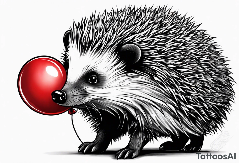 small hedgehog with a red balloon. A big grizzly screaming and he leans over the hedgehog. tattoo idea