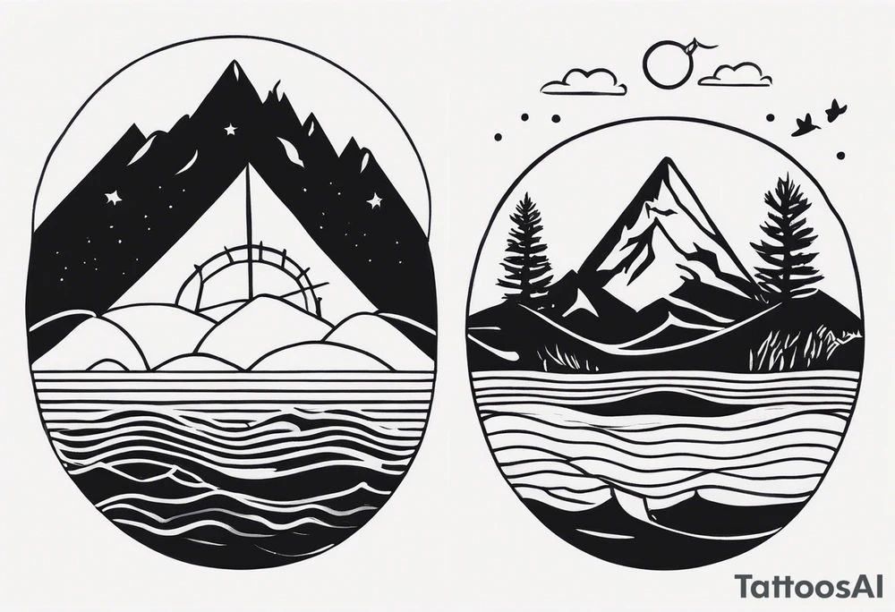 i want two different tattoos next to each other in a matching sytle. one is going to be about a sea/beach at sunset and the second one is mountains with sunrise. All going to be black and white. tattoo idea
