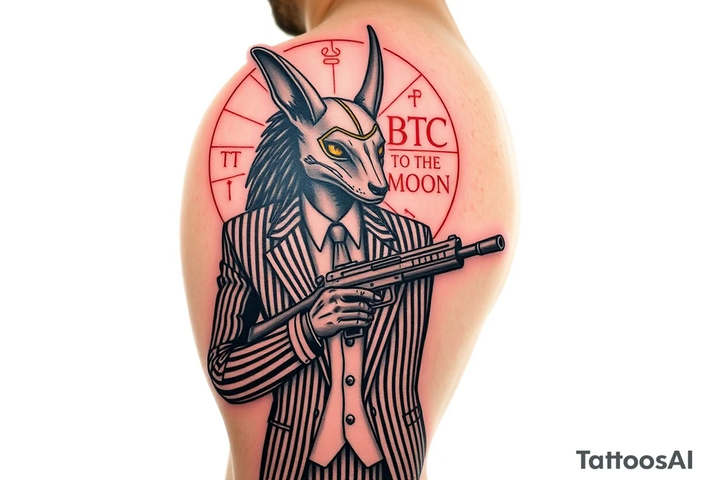 "Anubis in a 1920s gangster pinstripe suit, holding a tommy gun. His jackal head is half-cyborg (exposed circuits). Hieroglyph background spells 'BTC TO THE MOON'.  

Style: Art Deco meets cyber-Egyptian. Black/red/gold ink. Forearm sleeve." tattoo idea