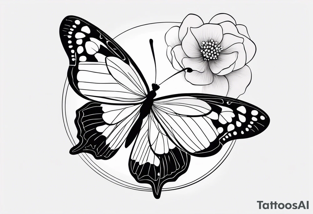 A delicate, black-and-white butterfly with fine, detailed wings, just about to land gently on a fragile minimalistic flower. Both the butterfly and flower are drawn with elegant, minimalist lines, capturing the sense of beauty, fragility, and perfection in their natural harmony. Subtle hints of color tattoo idea