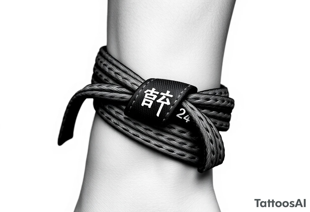 A realistic black and gray tattoo of a Brazilian Jiu-Jitsu black belt wrapping around the wrist like a bracelet. The belt is tied in a knot with one end showing the number 30 and the other showing 24. On the flat end of the belt, two Japanese kanji characters are inked in white: 成長 (growth) and 忍耐 (perseverance). The belt has subtle stitch marks and worn, textured shading for a slightly distressed, authentic look. tattoo idea