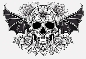 Flowers vines  bat sugar skull tattoo idea