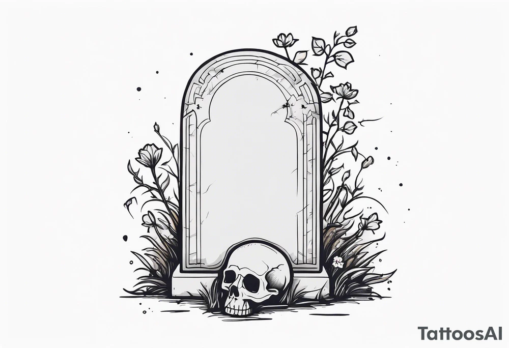 gravestone, gravestone has vines and flowers on it, skeleton hand coming out of the ground, the gravestone says “i’ll crawl home to her tattoo idea