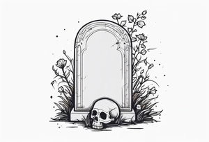 gravestone, gravestone has vines and flowers on it, skeleton hand coming out of the ground, the gravestone says “i’ll crawl home to her tattoo idea