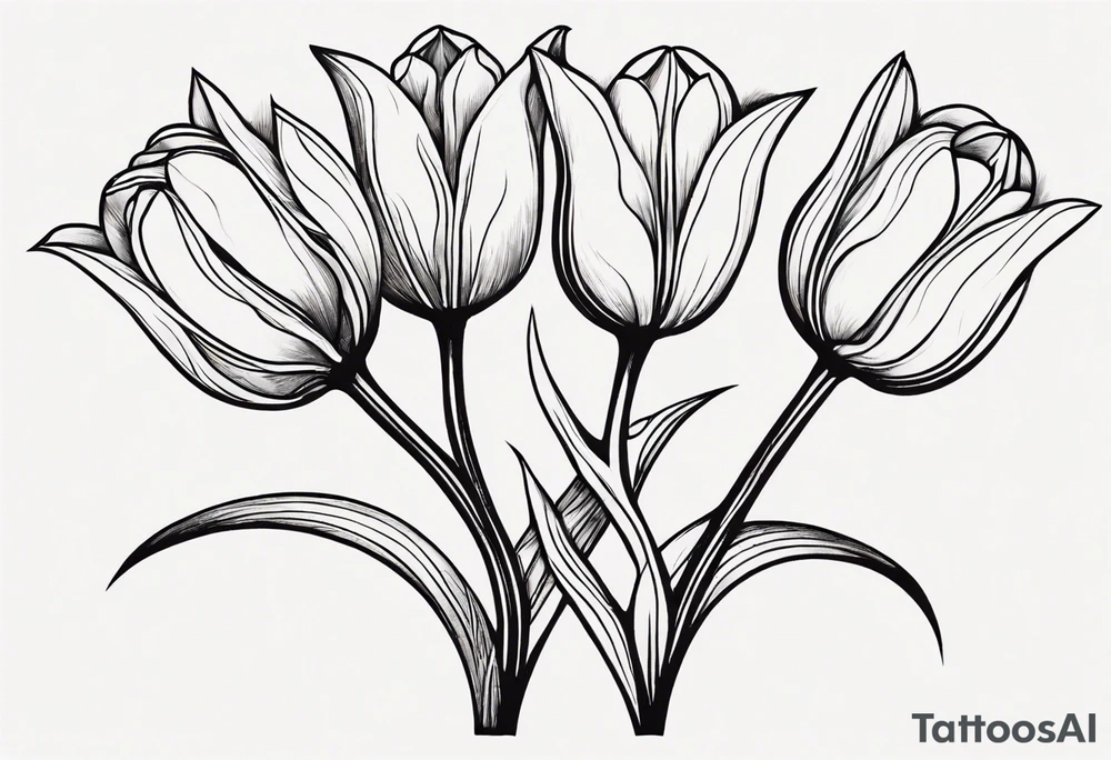 Generate a compelling tattoo design featuring three tulips with intertwining stems. Emphasize the graceful entwining of the stems, creating a harmonious and visually captivating composition. Each tulip should showcase distinct characteristics, from the delicate curves of the petals to the intricate details of the stamen. Consider incorporating elements that symbolize unity, growth, and interconnectedness. Capture the essence of nature's beauty while ensuring the overall design is balanced and aesthetically pleasing. tattoo idea