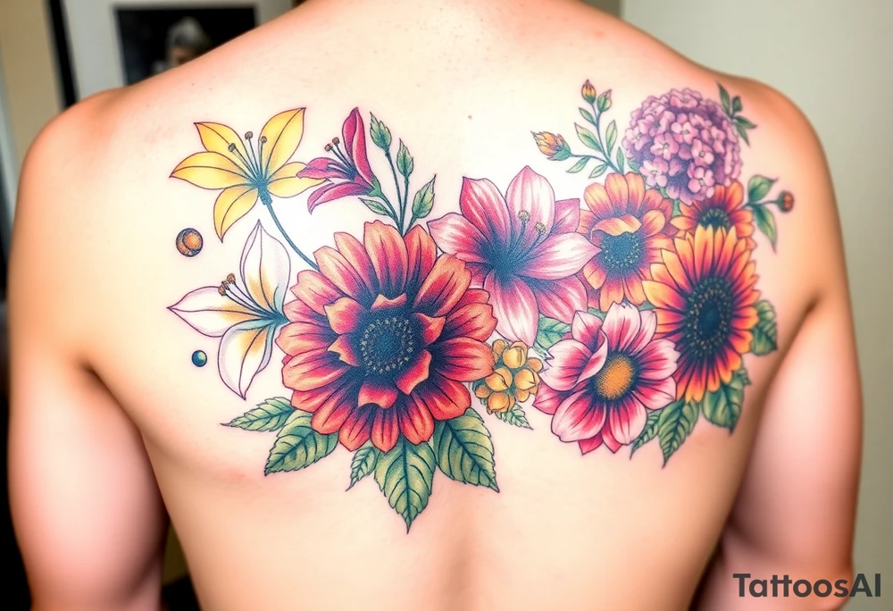 6 Vintage star gazer lillies some yellow some red wild roses and sunflowers and hydrangea to sleeve right arm tattoo idea