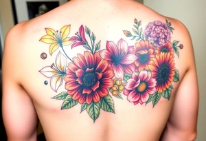 6 Vintage star gazer lillies some yellow some red wild roses and sunflowers and hydrangea to sleeve right arm tattoo idea
