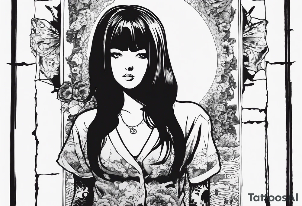 portrait of tomie standing up a character by the horror manga author junji ito full body standing murderously. add more horror and gore elements tattoo idea