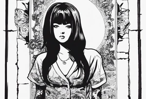 portrait of tomie standing up a character by the horror manga author junji ito full body standing murderously. add more horror and gore elements tattoo idea