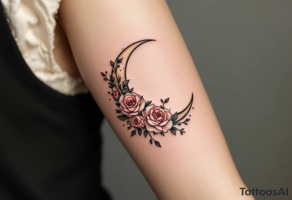 A crescent moon adorned with delicate roses and leaves, with the Virgo symbol subtly hidden within the floral design. This piece is done in dusty pink, beige, and soft brown, creating a warm, romantic, and timeless look. tattoo idea