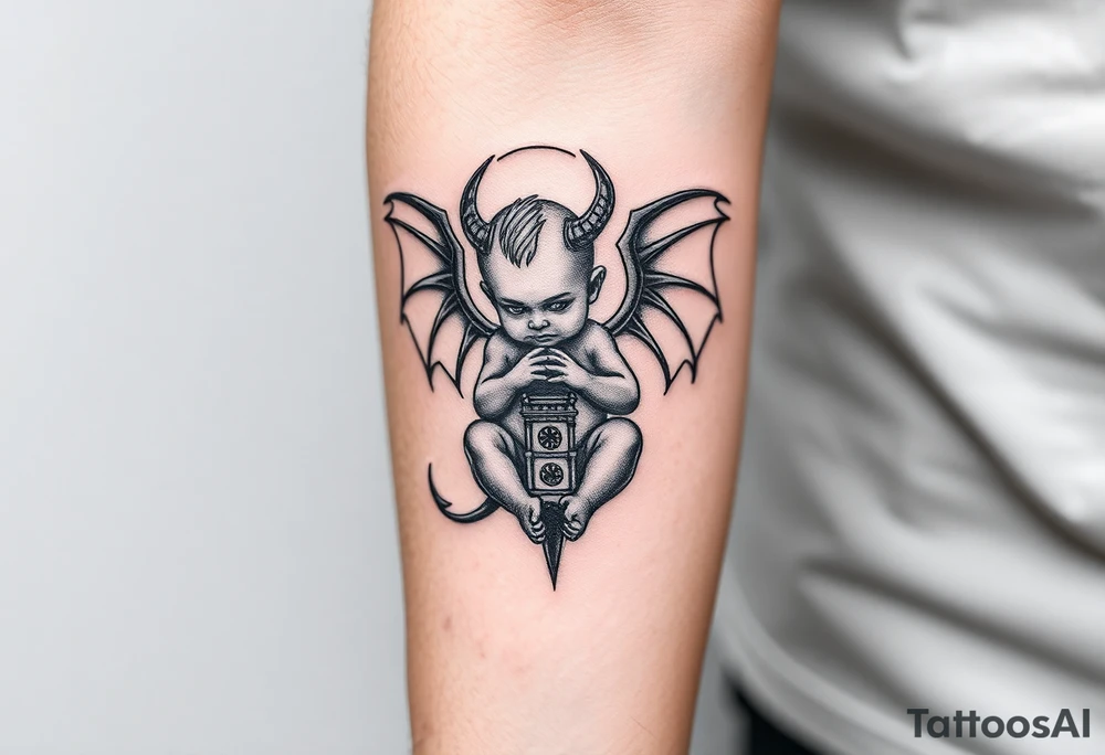 Demon baby with halo and angle wings and clock tower behind him tattoo idea