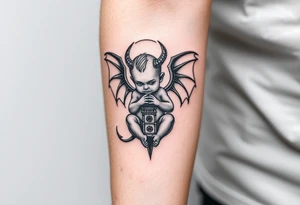 Demon baby with halo and angle wings and clock tower behind him tattoo idea