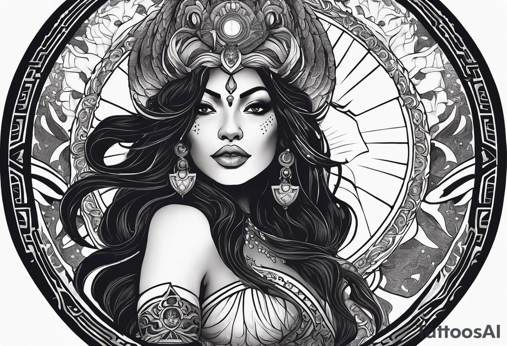 black kali, goddess pirate, alien, angel, pachamama, valkrye, warrior, flying, skull, lotus azul, wing, eagle, zenza resonance, stars, 5D, anahata chakra, death, durga, riding on a tiger, flying lady, kundalini, chest tatoo, samuri, rebel, serpent tattoo idea